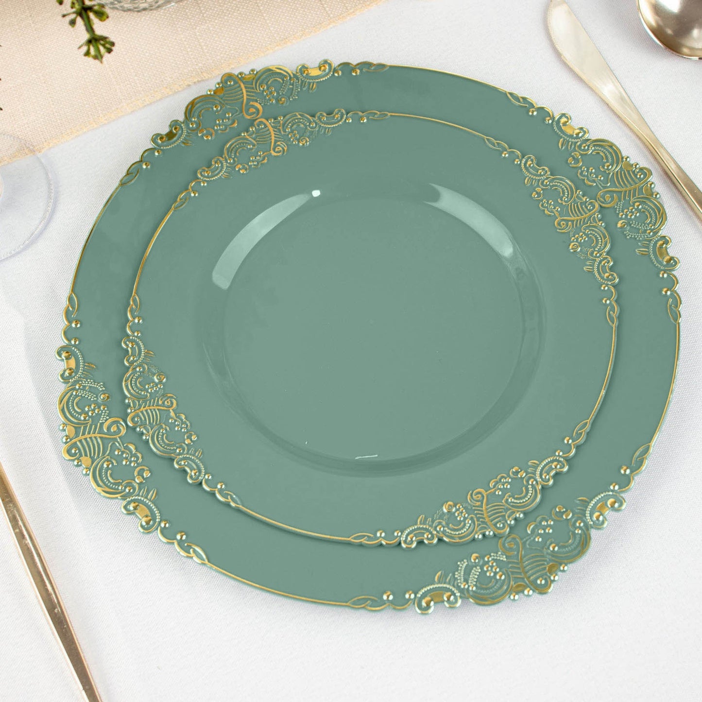 10-Pack Plastic 8" Round Dessert Plates in Dusty Sage Green with Gold Leaf Embossed Rim - Disposable Vintage Baroque Style Salad Plates