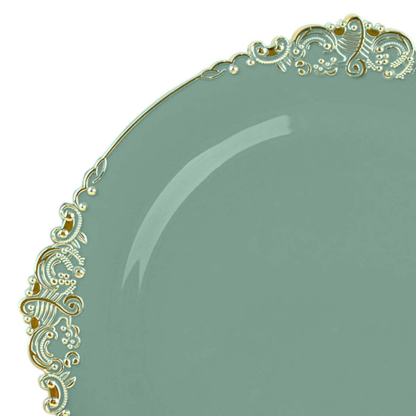 10-Pack Plastic 8" Round Dessert Plates in Dusty Sage Green with Gold Leaf Embossed Rim - Disposable Vintage Baroque Style Salad Plates