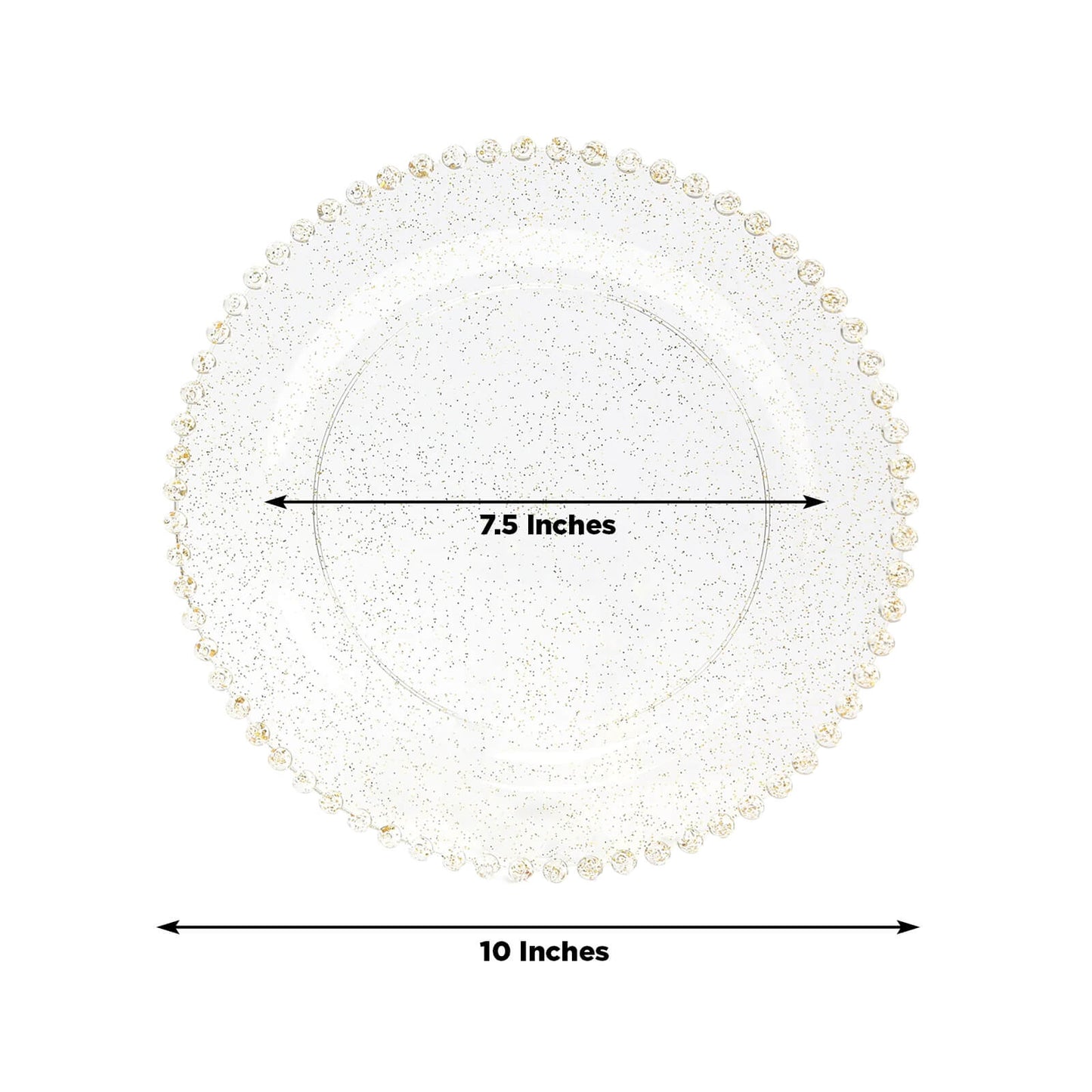 10-Pack Plastic 10" Round Dinner Plates in Clear Gold Glittered with Beaded Rim - Disposable Party Plates for Banquets & Festive Occasions