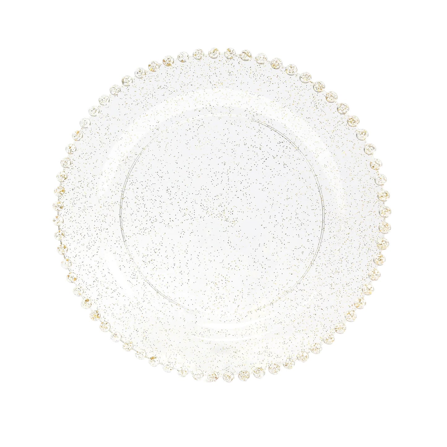 10-Pack Plastic 10" Round Dinner Plates in Clear Gold Glittered with Beaded Rim - Disposable Party Plates for Banquets & Festive Occasions