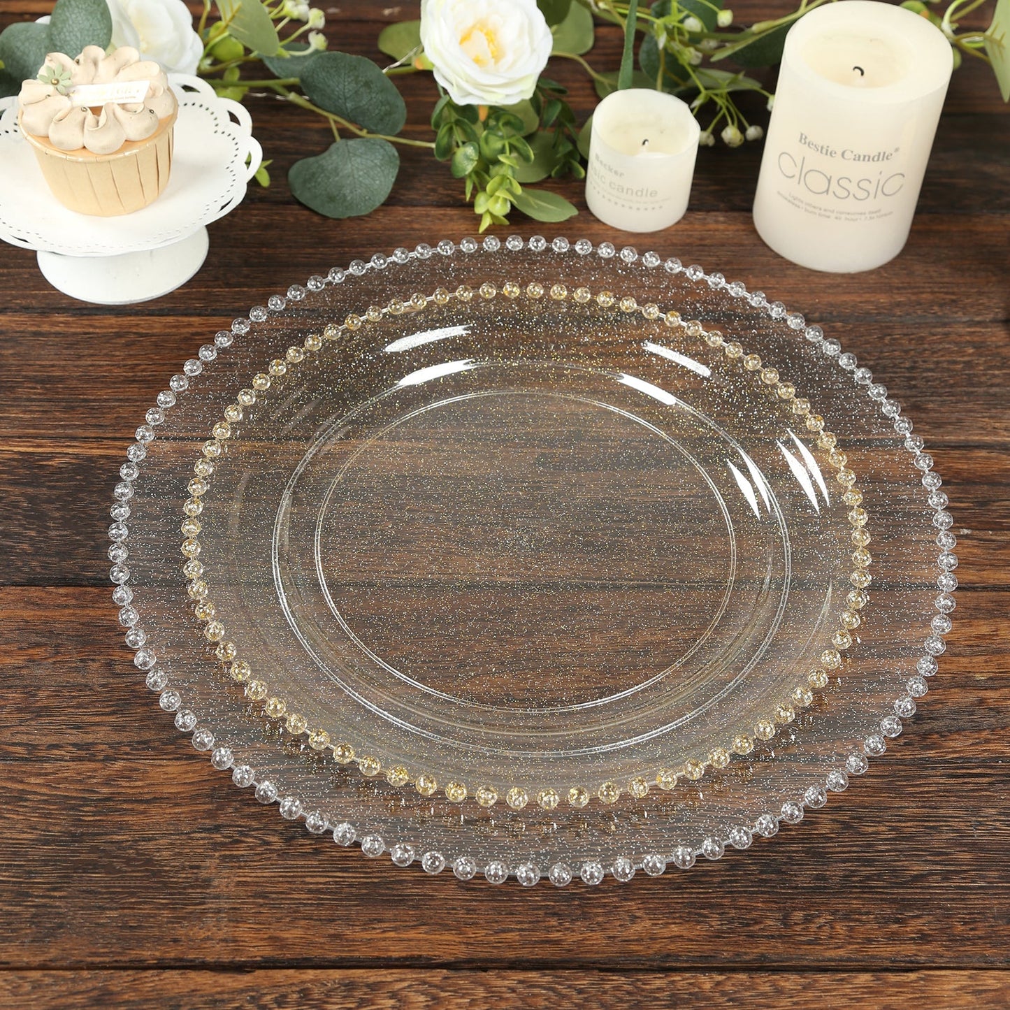 10-Pack Plastic 10" Round Dinner Plates in Clear Gold Glittered with Beaded Rim - Disposable Party Plates for Banquets & Festive Occasions