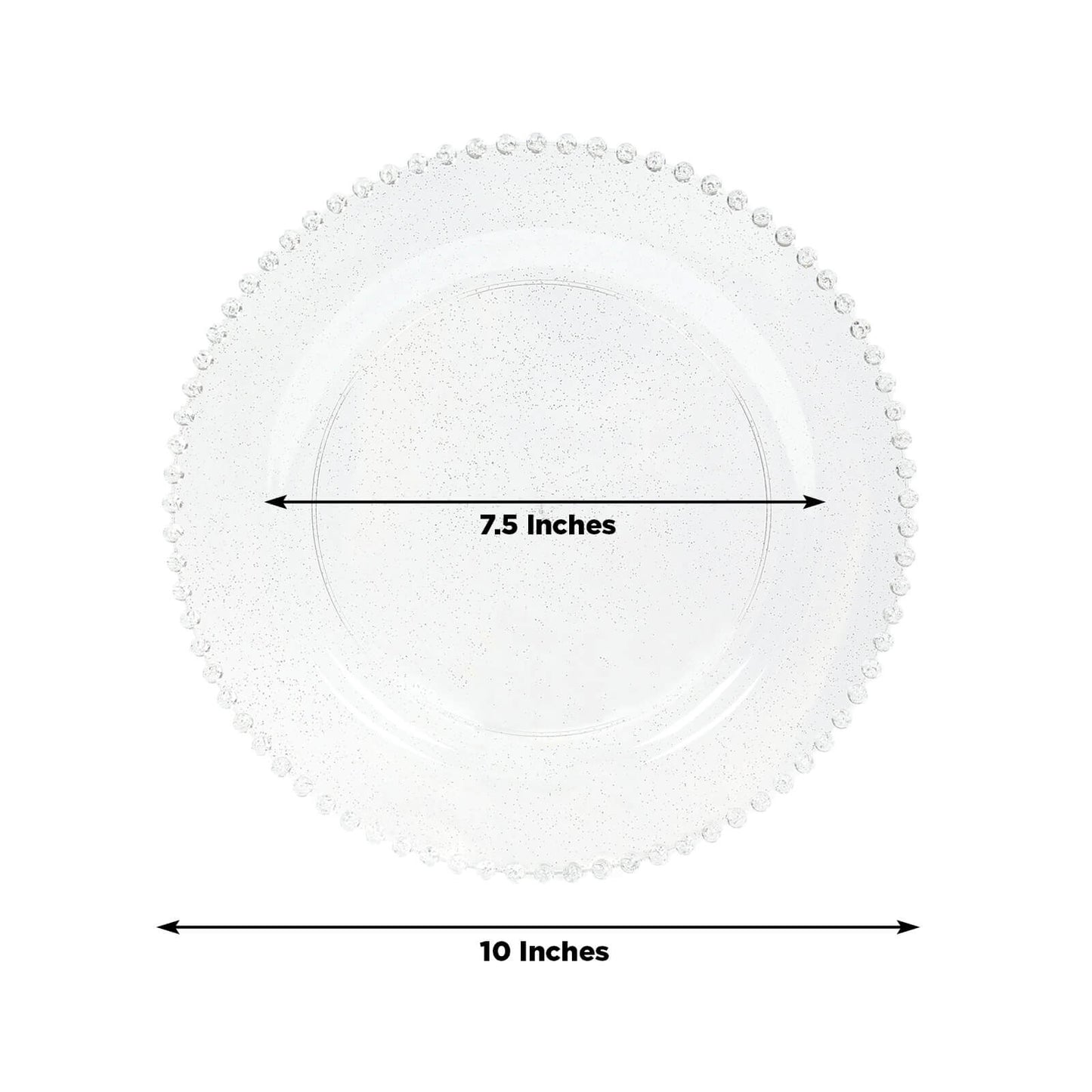 10-Pack Plastic 10" Round Dinner Plates in Clear Silver Glittered with Beaded Rim - Disposable Party Plates for Banquets & Festive Occasions