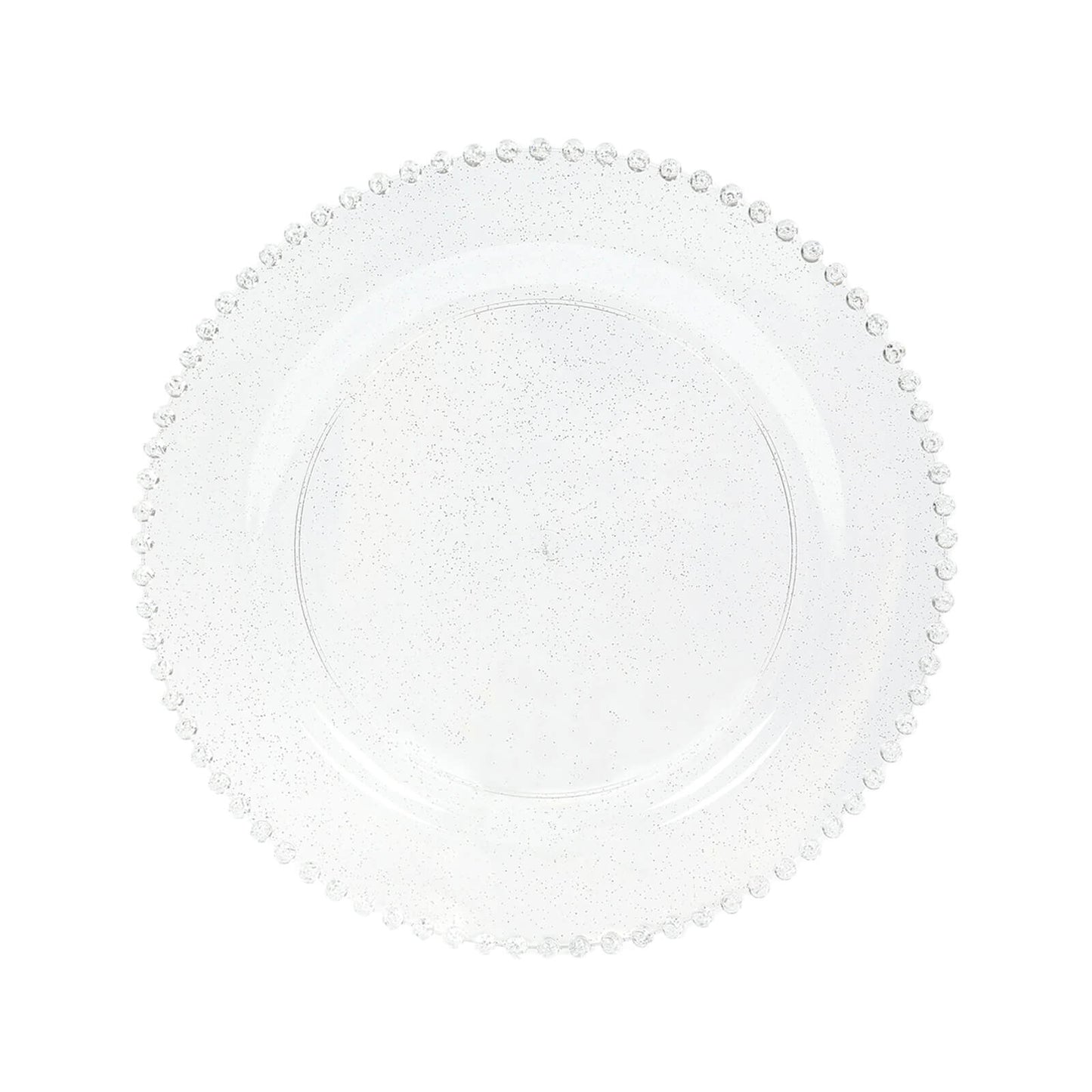 10-Pack Plastic 10" Round Dinner Plates in Clear Silver Glittered with Beaded Rim - Disposable Party Plates for Banquets & Festive Occasions