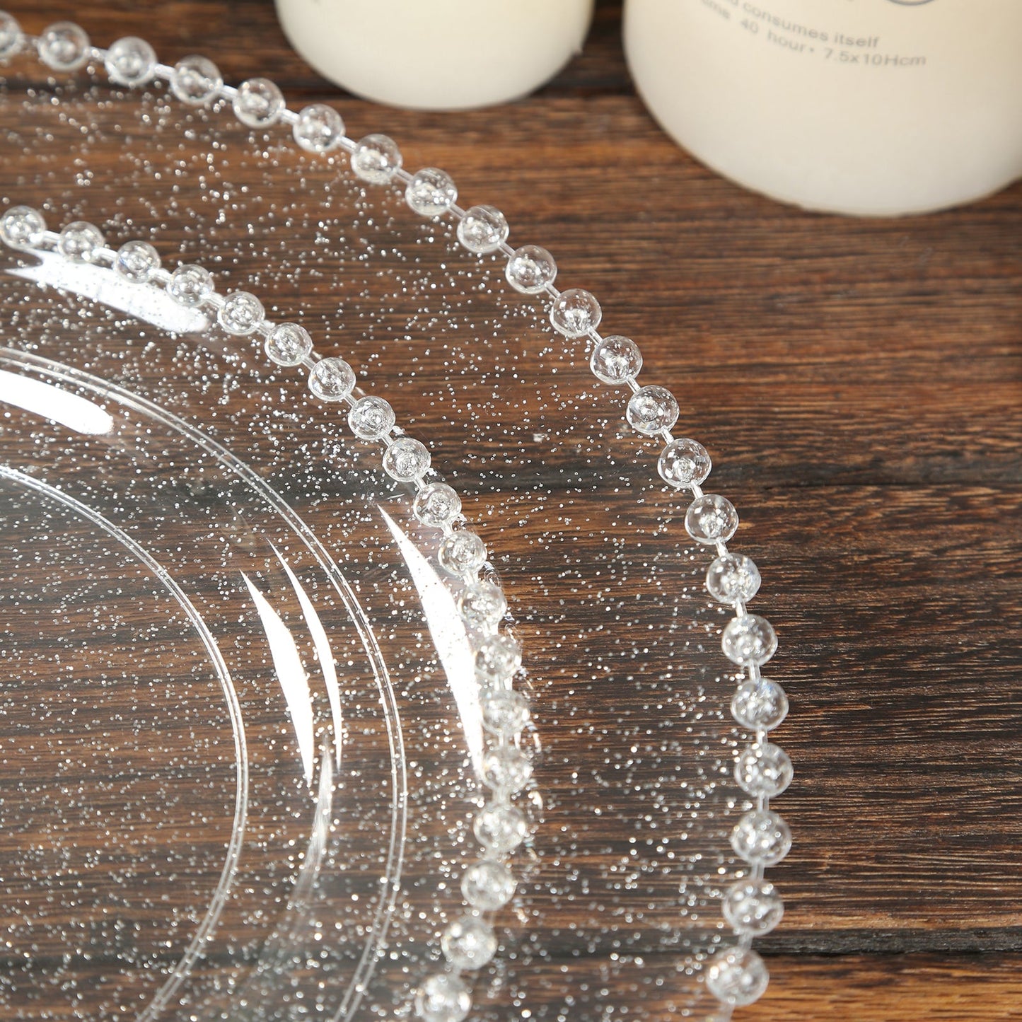 10-Pack Plastic 10" Round Dinner Plates in Clear Silver Glittered with Beaded Rim - Disposable Party Plates for Banquets & Festive Occasions