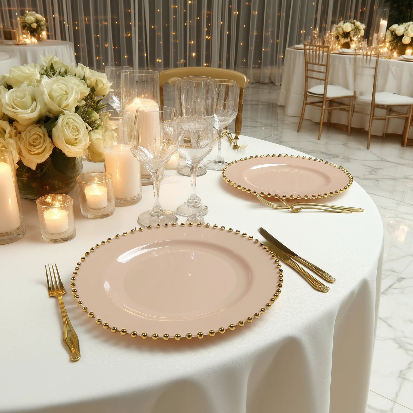 10-Pack Plastic 10" Round Dinner Plates in Taupe with Gold Beaded Rim - Disposable Party Plates for Banquets & Festive Occasions