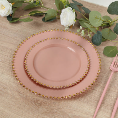 10-Pack Dusty Rose Plastic Dessert Plates â€“ 8" Round with Gold Beaded Rim, Disposable for Parties & Events