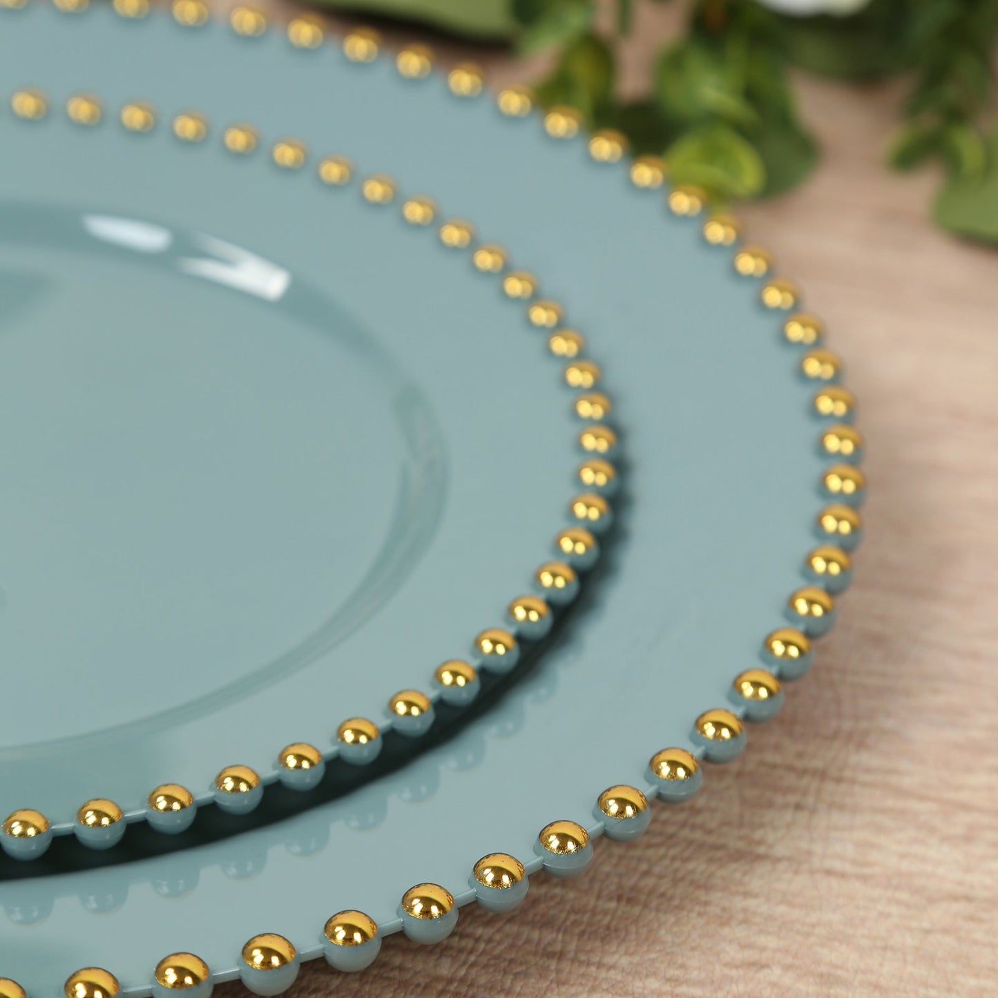 10-Pack Dusty Blue Plastic Dessert Plates â€“ 8" Round with Gold Beaded Rim, Disposable for Parties & Events