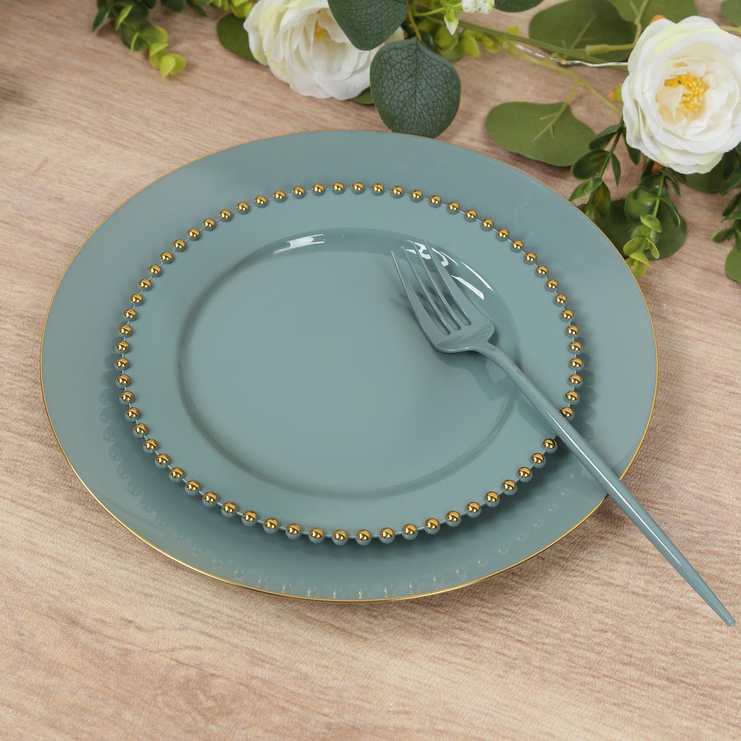 10-Pack Dusty Blue Plastic Dessert Plates â€“ 8" Round with Gold Beaded Rim, Disposable for Parties & Events