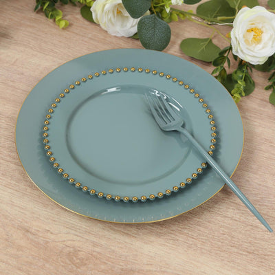 10-Pack Dusty Blue Plastic Dessert Plates â€“ 8" Round with Gold Beaded Rim, Disposable for Parties & Events
