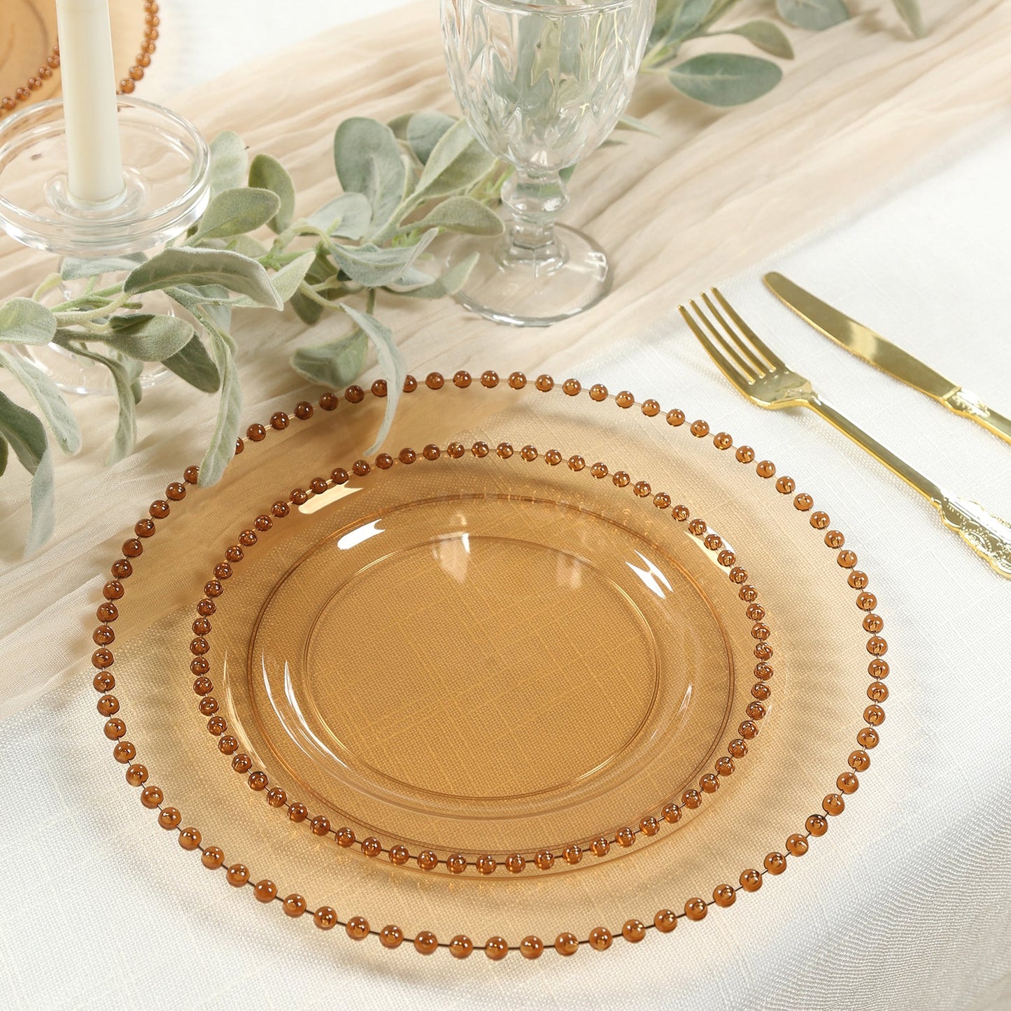 10-Pack Amber Gold Plastic Dessert Plates â€“ 8" Round with Beaded Rim, Disposable for Parties & Events