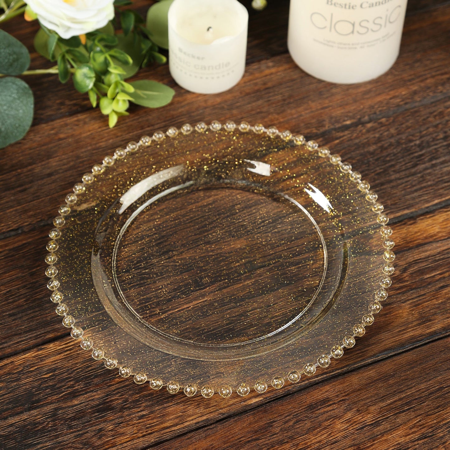 10-Pack Clear Gold Glittered Plastic Dessert Plates â€“ 8" Round with Beaded Rim, Disposable for Parties & Events