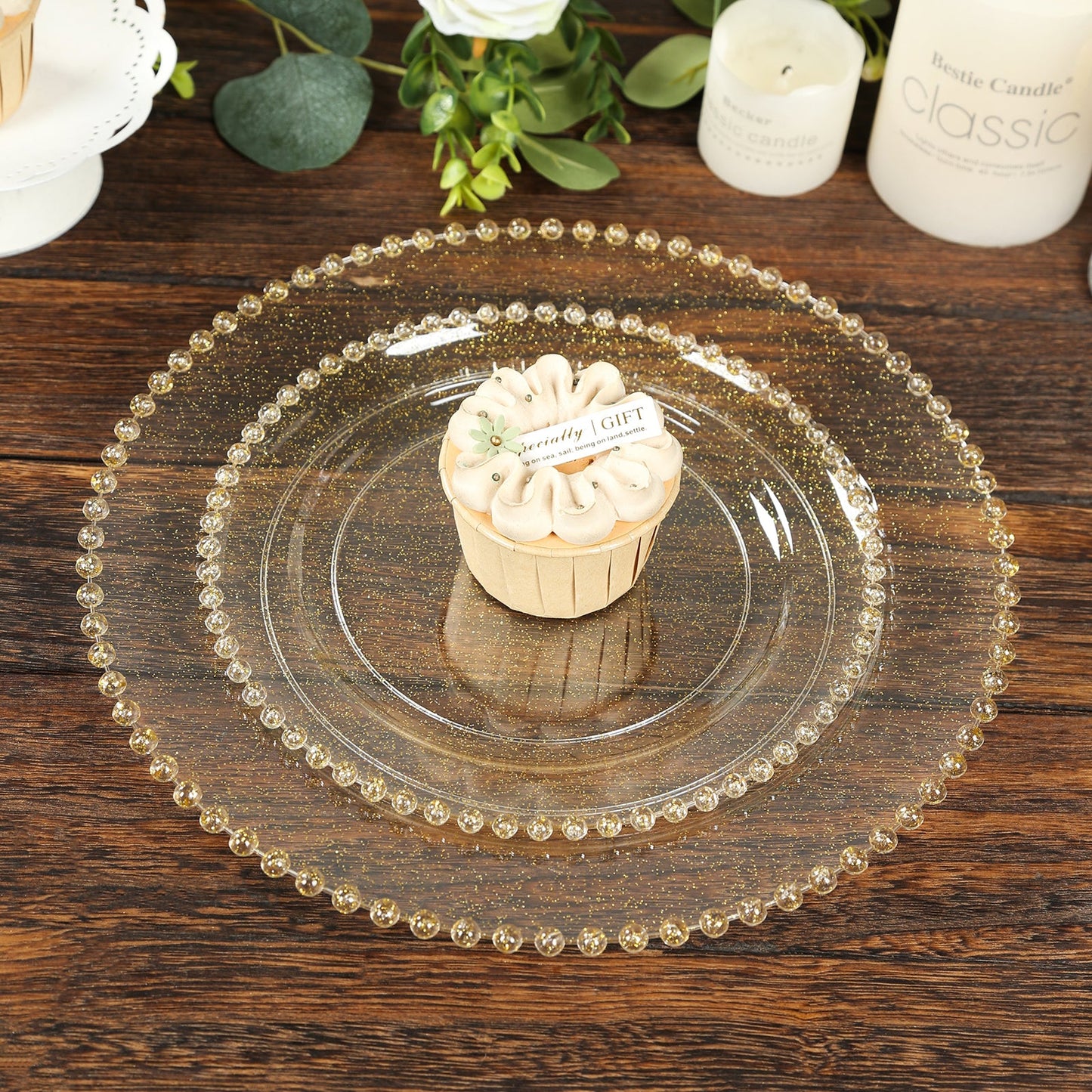 10-Pack Clear Gold Glittered Plastic Dessert Plates â€“ 8" Round with Beaded Rim, Disposable for Parties & Events