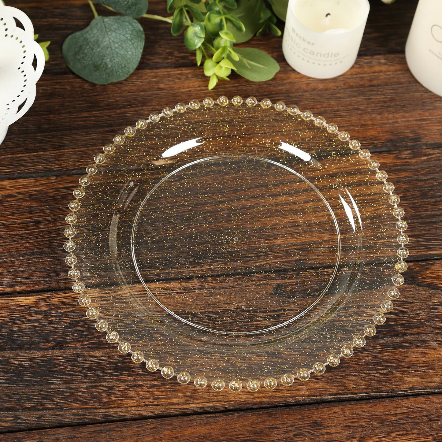 10-Pack Clear Gold Glittered Plastic Dessert Plates â€“ 8" Round with Beaded Rim, Disposable for Parties & Events