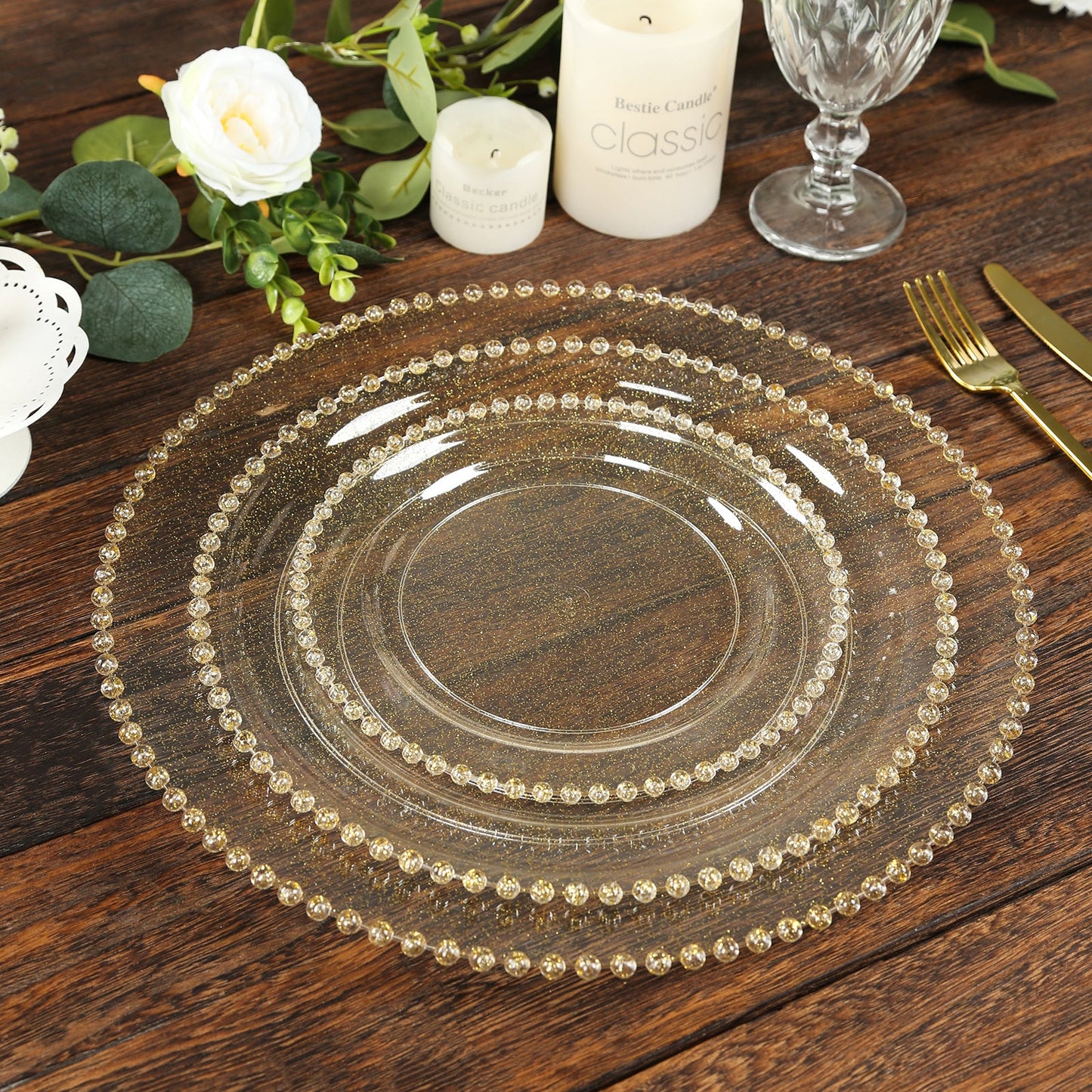 10-Pack Clear Gold Glittered Plastic Dessert Plates â€“ 8" Round with Beaded Rim, Disposable for Parties & Events