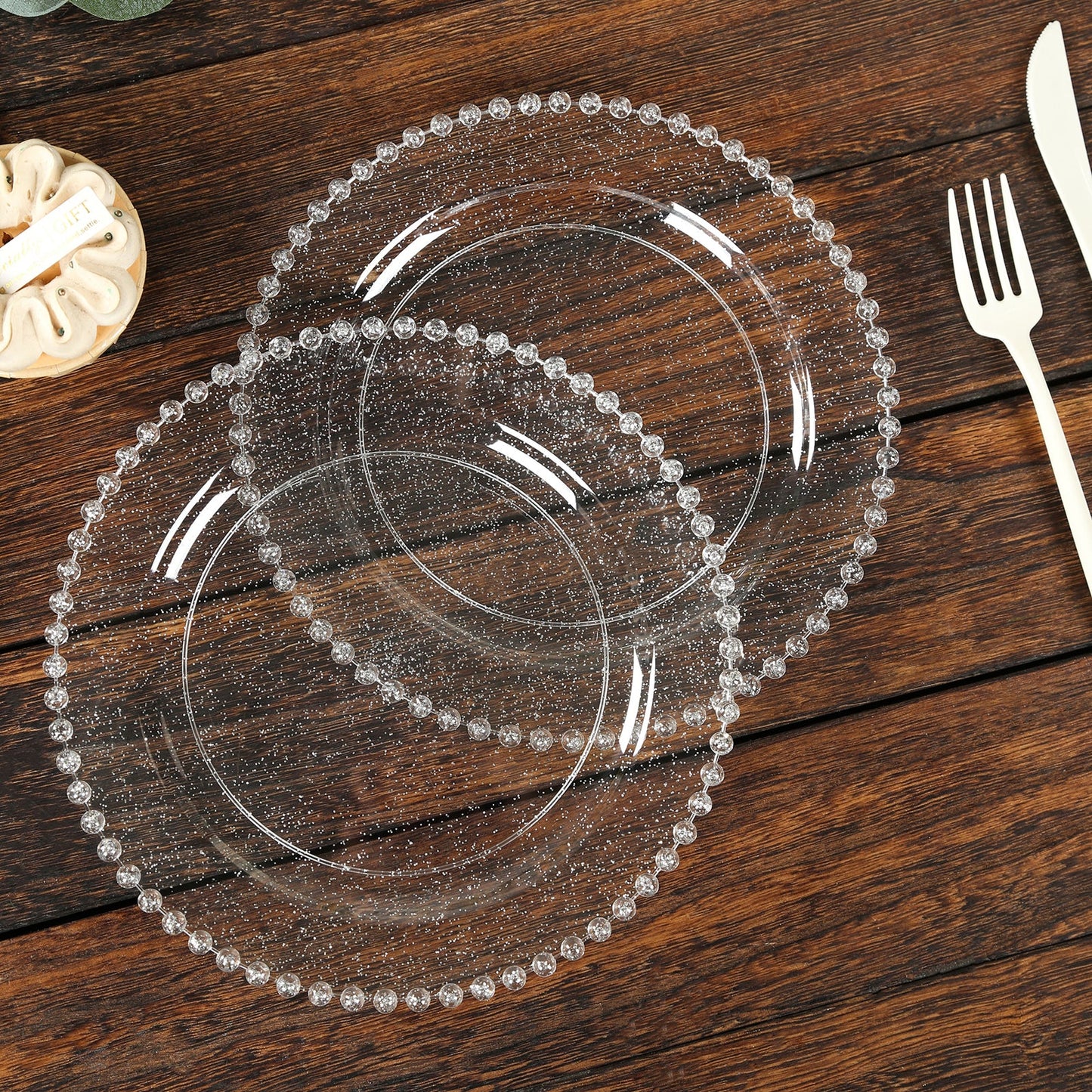 10-Pack Clear Silver Glittered Plastic Dessert Plates â€“ 8" Round with Beaded Rim, Disposable for Parties & Events