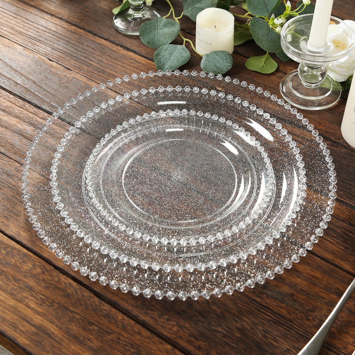 10-Pack Clear Silver Glittered Plastic Dessert Plates â€“ 8" Round with Beaded Rim, Disposable for Parties & Events