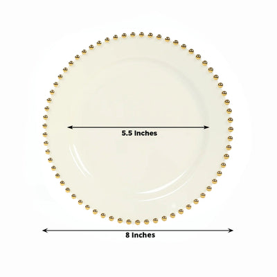 10-Pack Ivory Plastic Dessert Plates â€“ 8" Round with Gold Beaded Rim, Disposable for Parties & Events