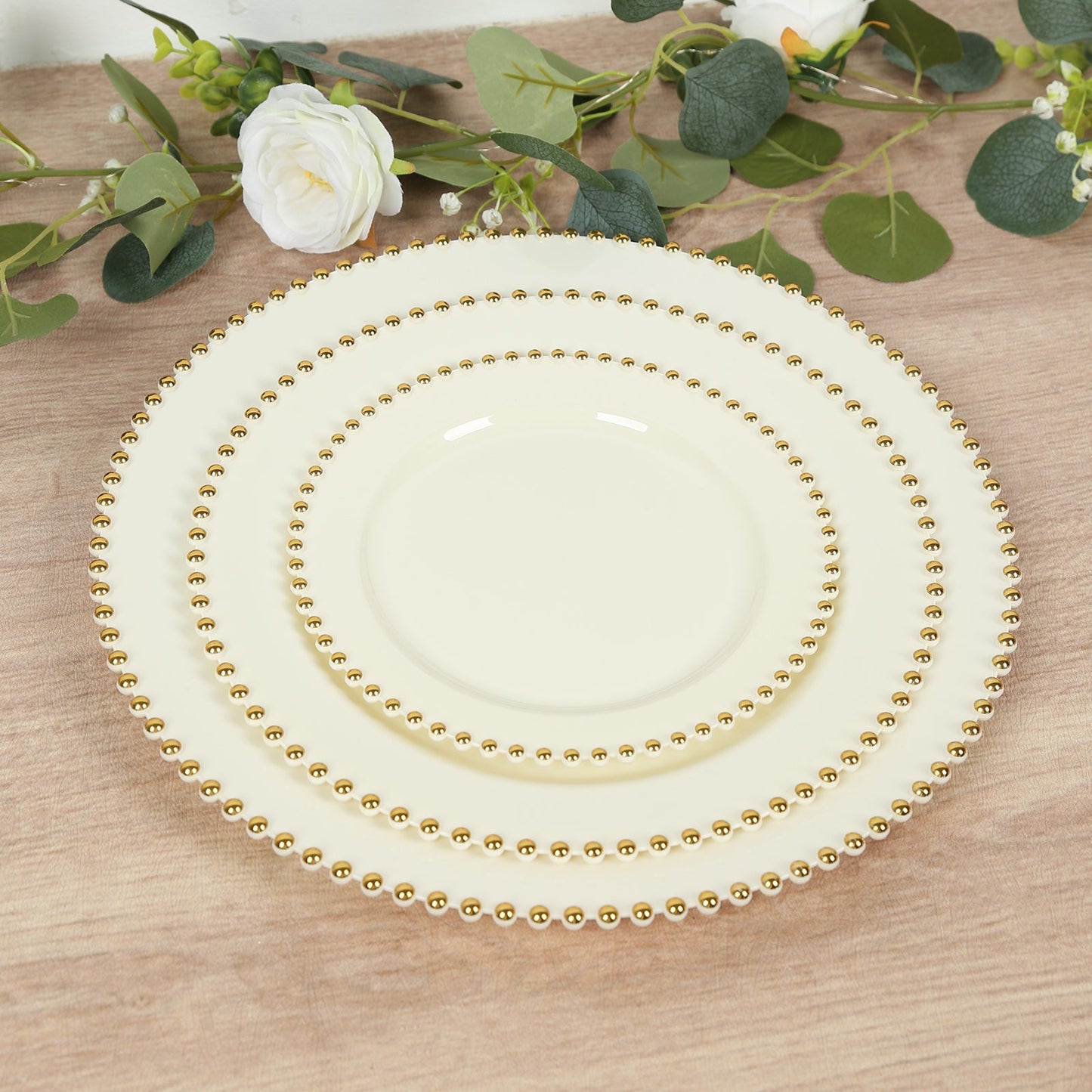 10-Pack Ivory Plastic Dessert Plates â€“ 8" Round with Gold Beaded Rim, Disposable for Parties & Events