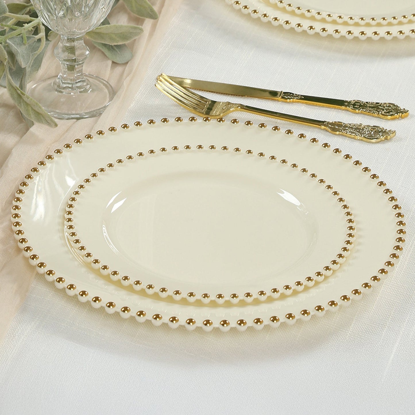 10-Pack Ivory Plastic Dessert Plates â€“ 8" Round with Gold Beaded Rim, Disposable for Parties & Events
