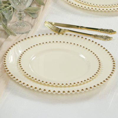 10-Pack Ivory Plastic Dessert Plates â€“ 8" Round with Gold Beaded Rim, Disposable for Parties & Events