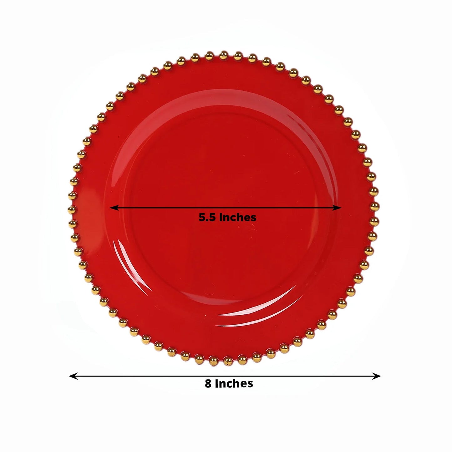 10-Pack Red Plastic Dessert Plates â€“ 8" Round with Gold Beaded Rim, Disposable for Parties & Events