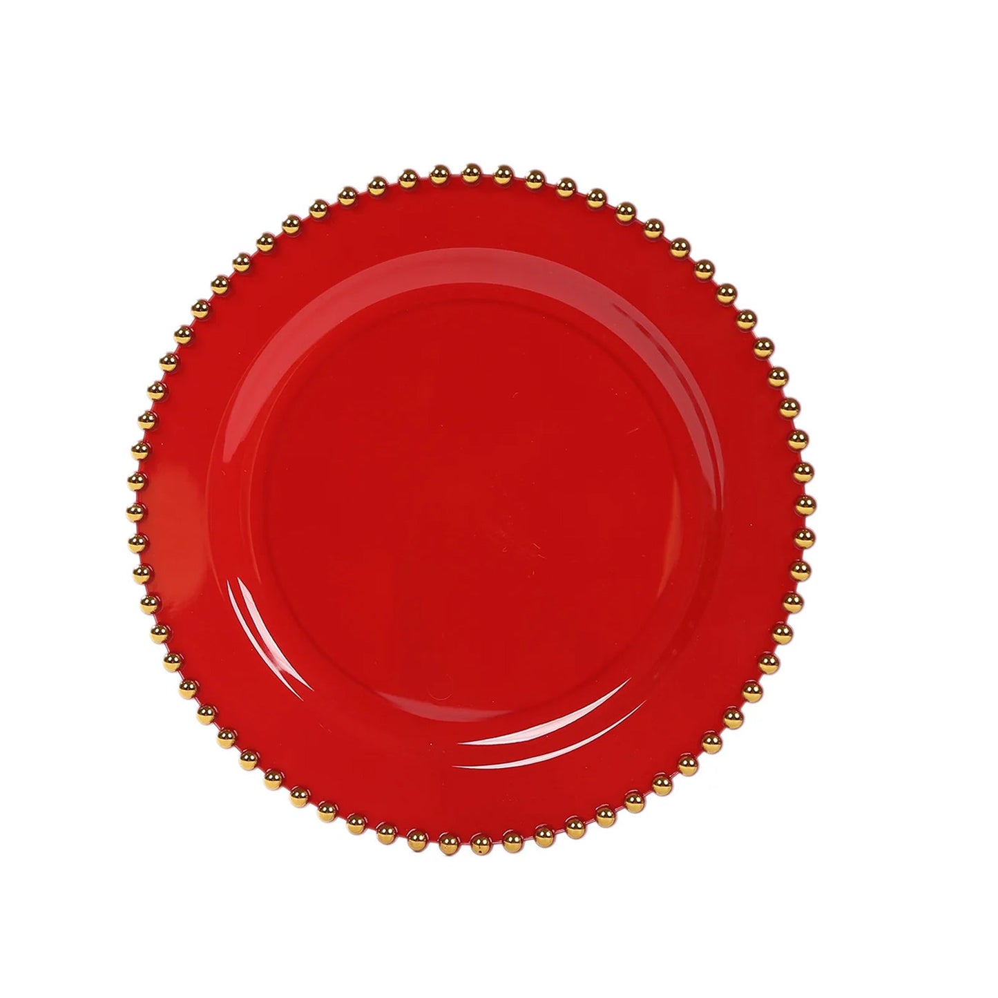 10-Pack Red Plastic Dessert Plates â€“ 8" Round with Gold Beaded Rim, Disposable for Parties & Events