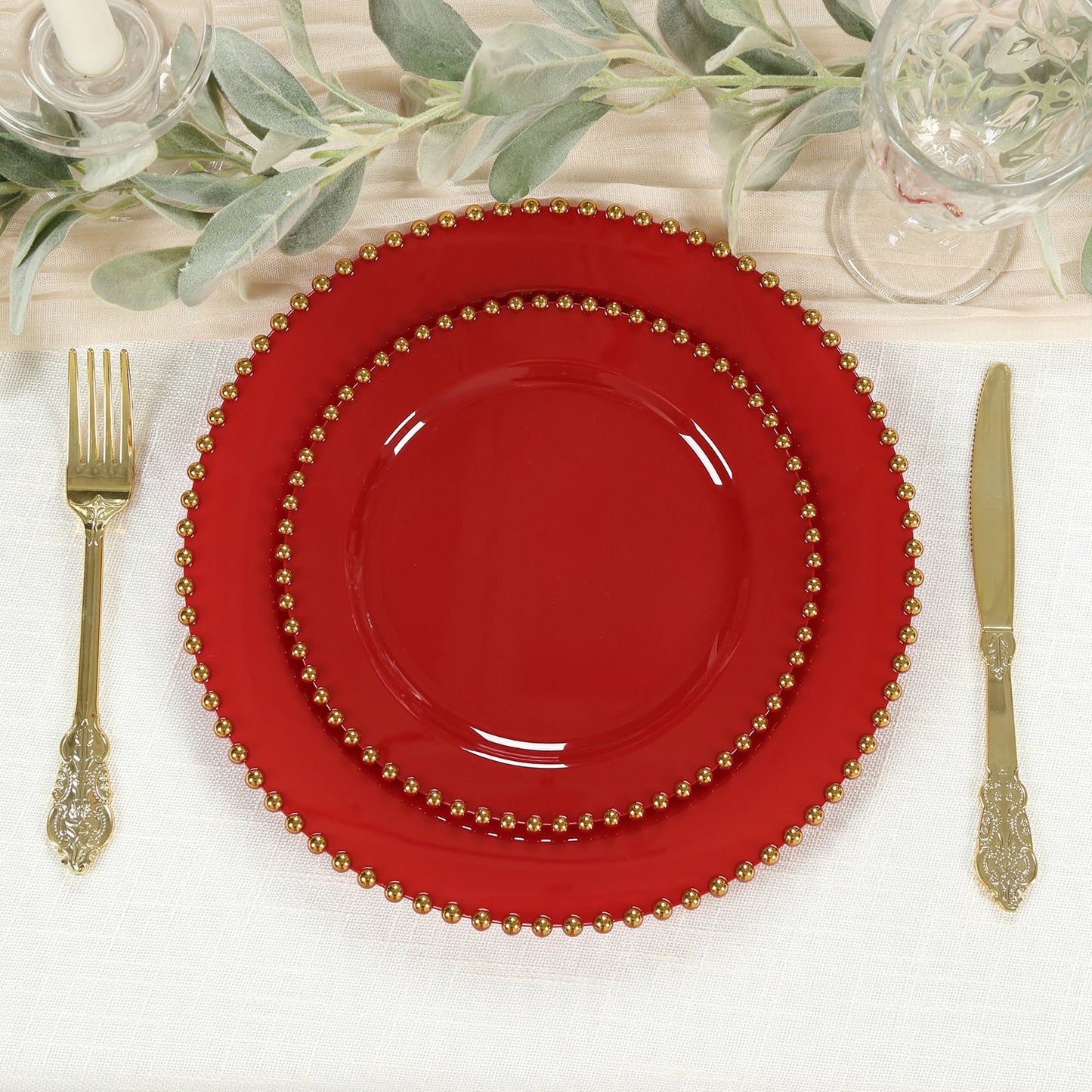 10-Pack Red Plastic Dessert Plates â€“ 8" Round with Gold Beaded Rim, Disposable for Parties & Events