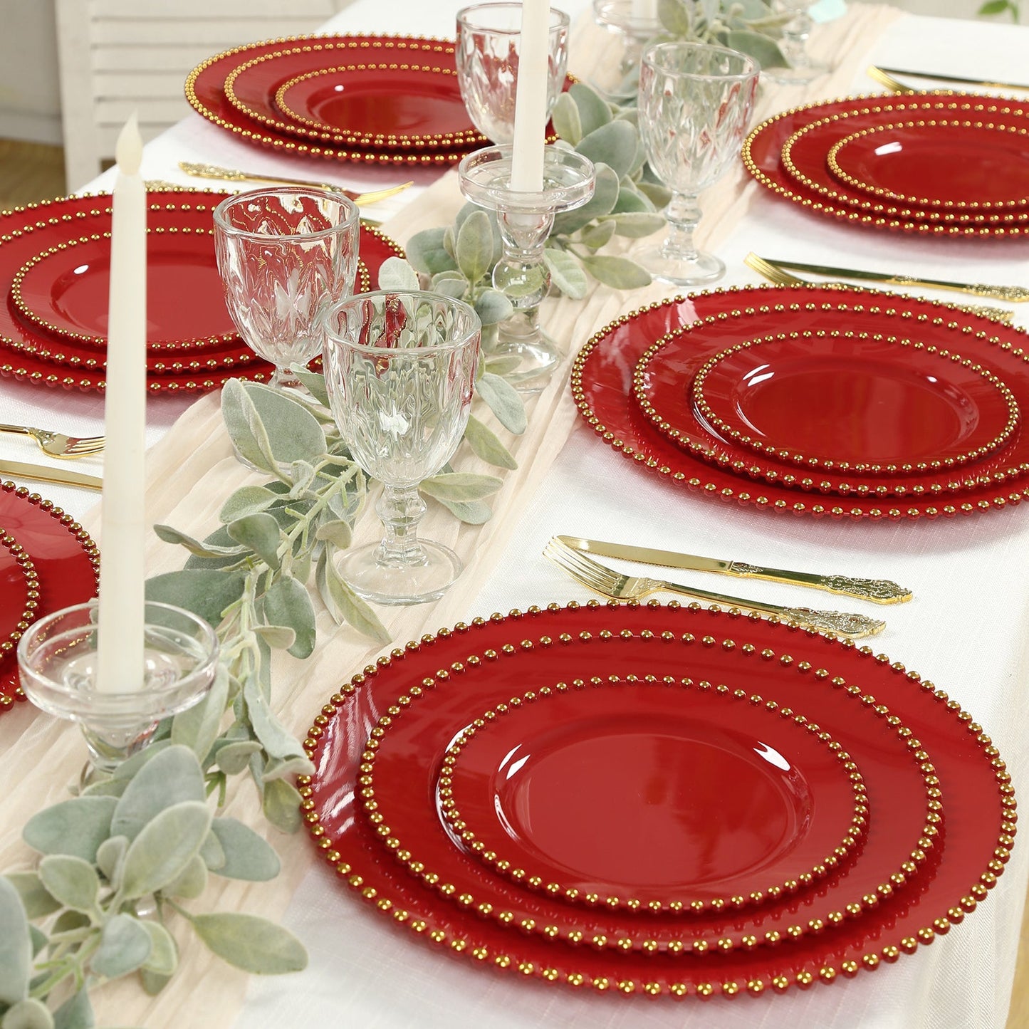 10-Pack Red Plastic Dessert Plates â€“ 8" Round with Gold Beaded Rim, Disposable for Parties & Events