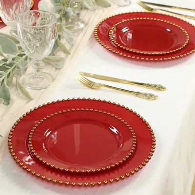 10-Pack Red Plastic Dessert Plates â€“ 8" Round with Gold Beaded Rim, Disposable for Parties & Events