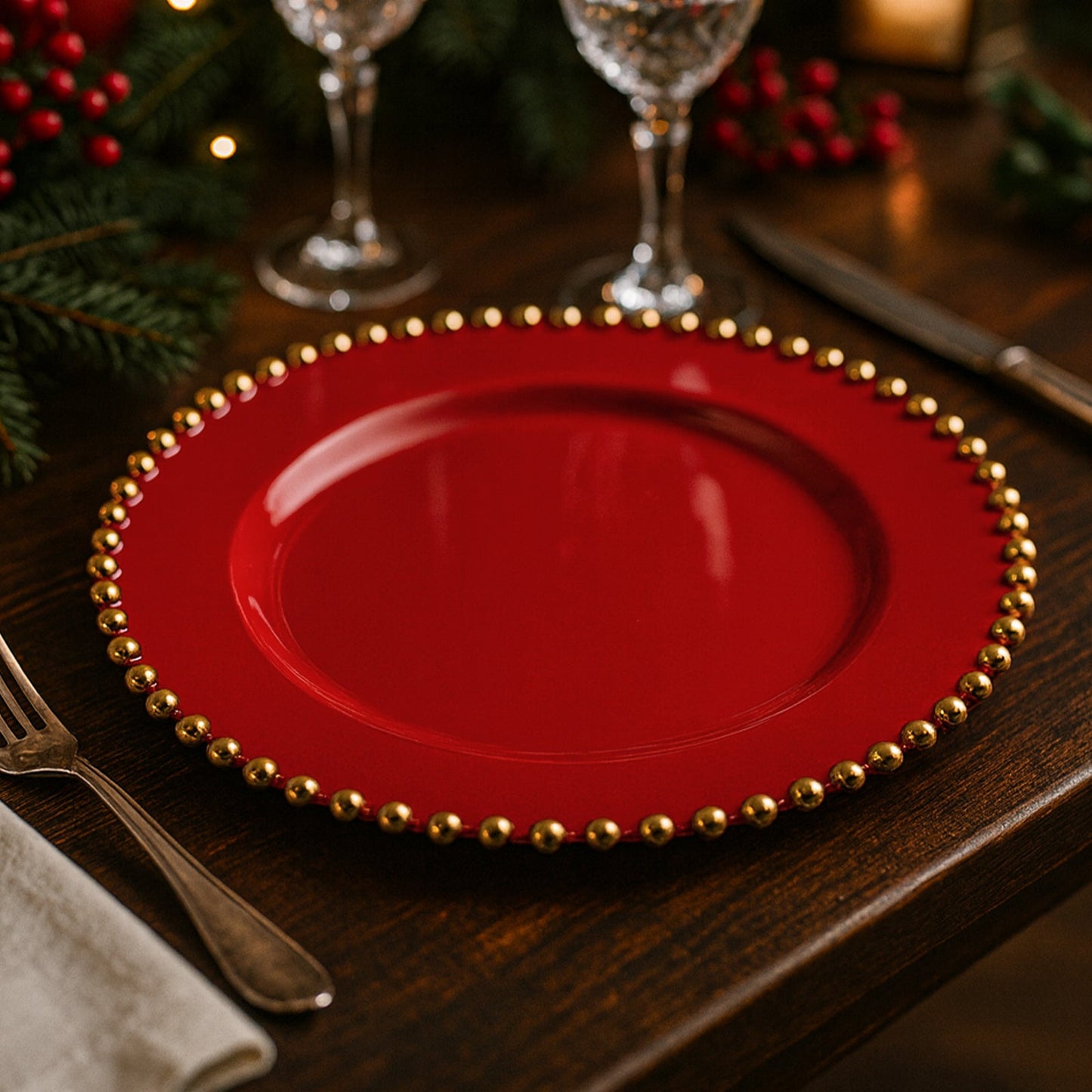 10-Pack Red Plastic Dessert Plates â€“ 8" Round with Gold Beaded Rim, Disposable for Parties & Events