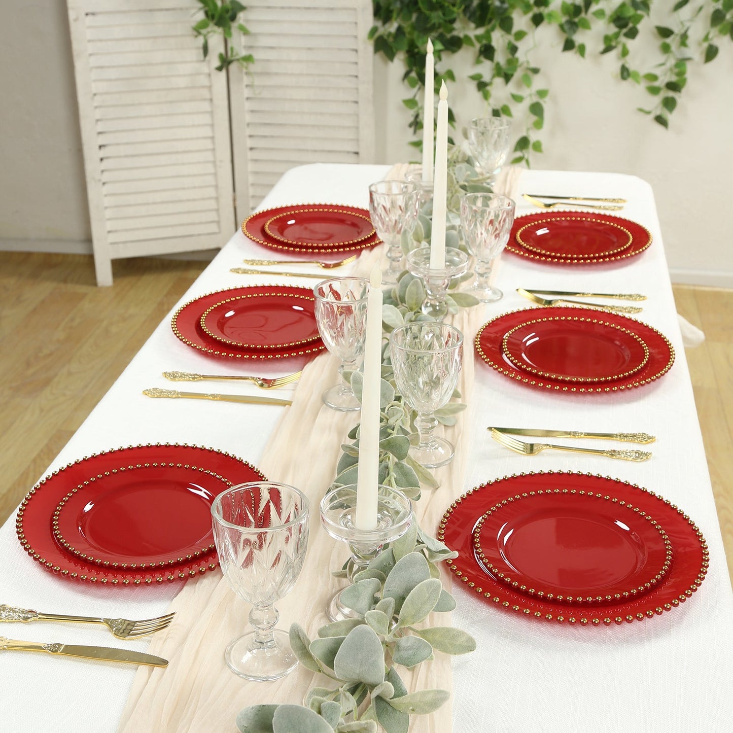 10-Pack Red Plastic Dessert Plates â€“ 8" Round with Gold Beaded Rim, Disposable for Parties & Events