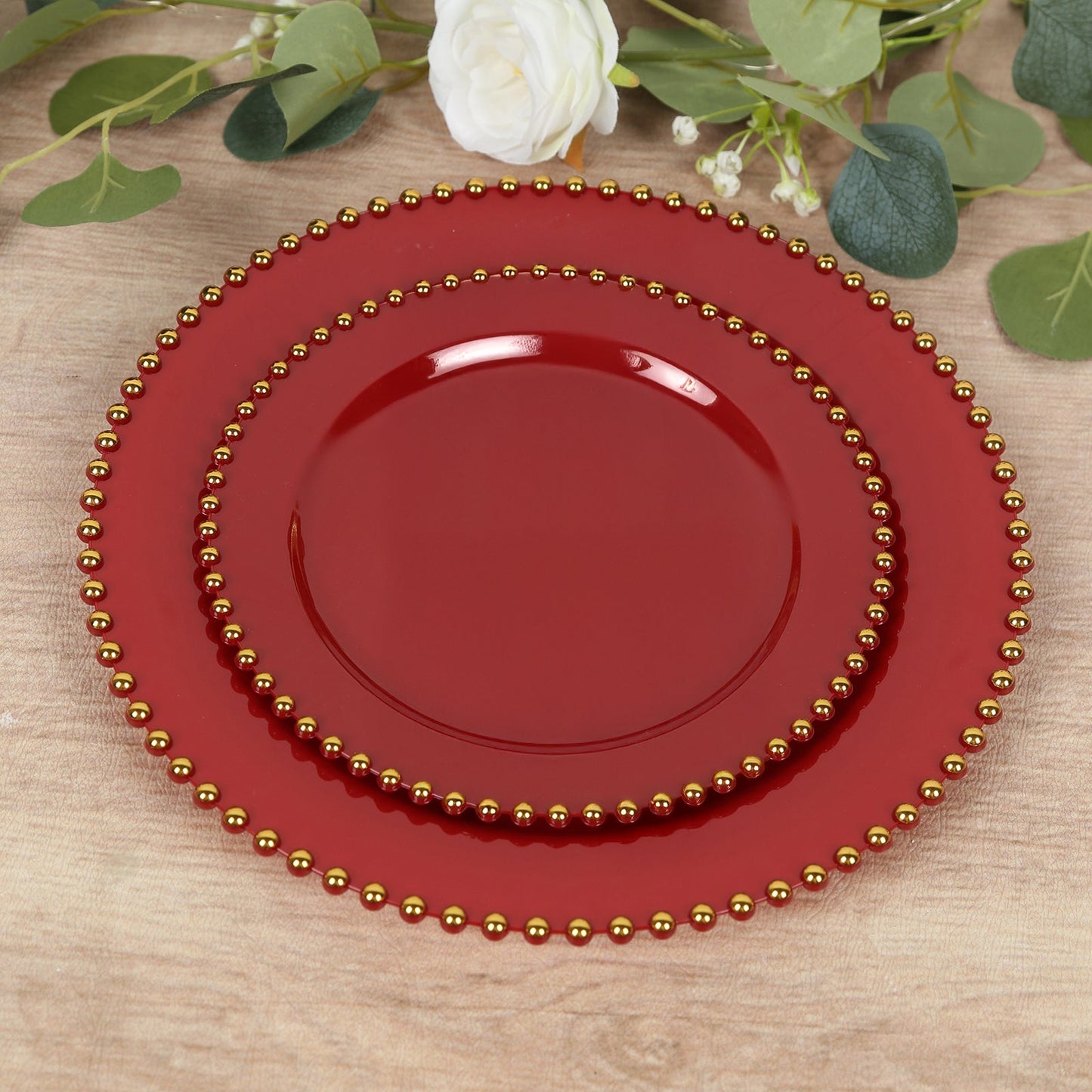 10-Pack Red Plastic Dessert Plates â€“ 8" Round with Gold Beaded Rim, Disposable for Parties & Events
