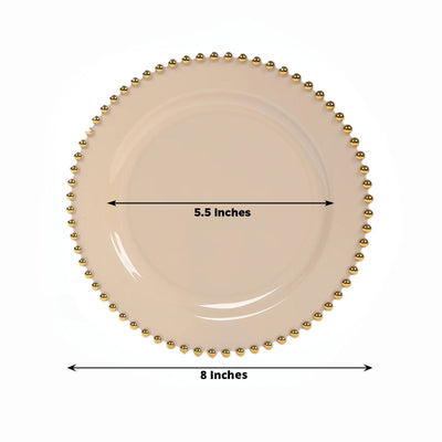 10-Pack Taupe Plastic Dessert Plates â€“ 8" Round with Gold Beaded Rim, Disposable for Parties & Events