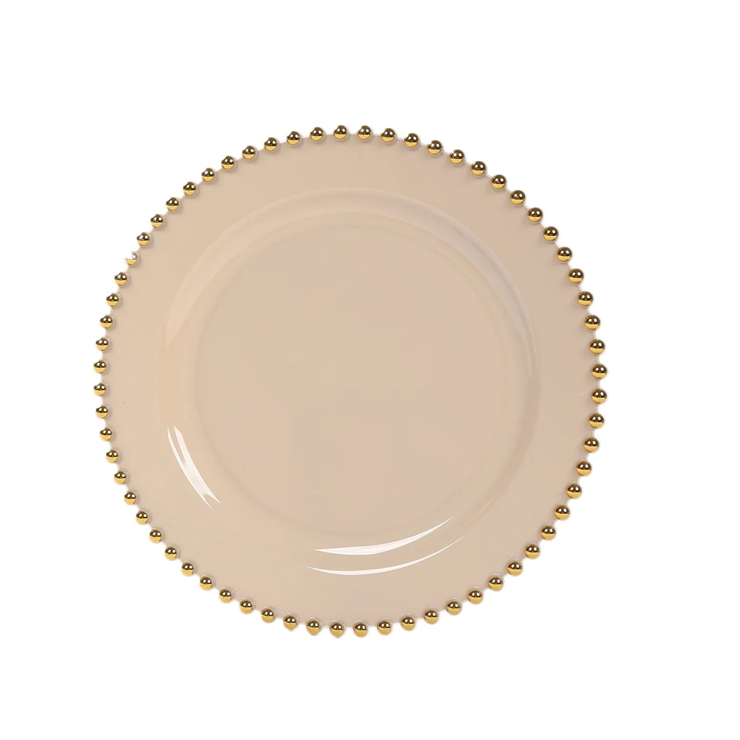 10-Pack Taupe Plastic Dessert Plates â€“ 8" Round with Gold Beaded Rim, Disposable for Parties & Events