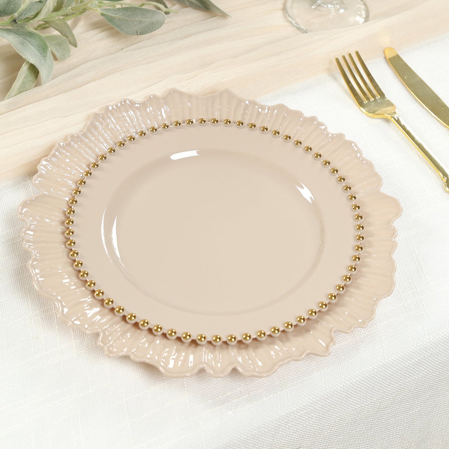 10-Pack Taupe Plastic Dessert Plates â€“ 8" Round with Gold Beaded Rim, Disposable for Parties & Events