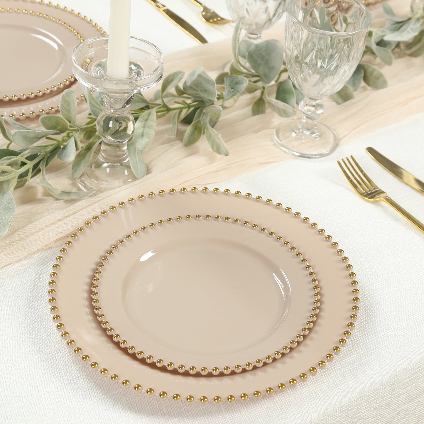 10-Pack Taupe Plastic Dessert Plates â€“ 8" Round with Gold Beaded Rim, Disposable for Parties & Events