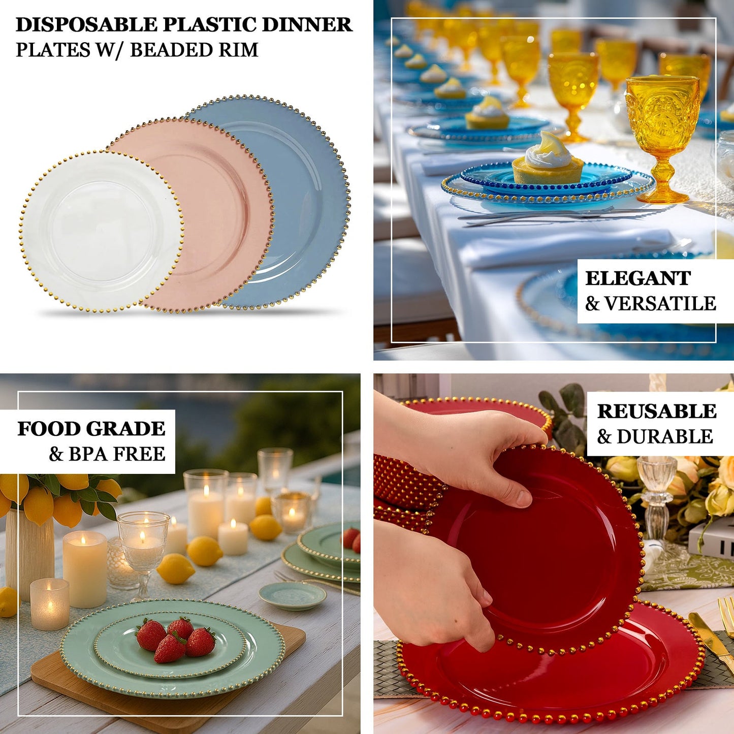 10-Pack Plastic 10" Round Dinner Plates in Clear Silver Glittered with Beaded Rim - Disposable Party Plates for Banquets & Festive Occasions