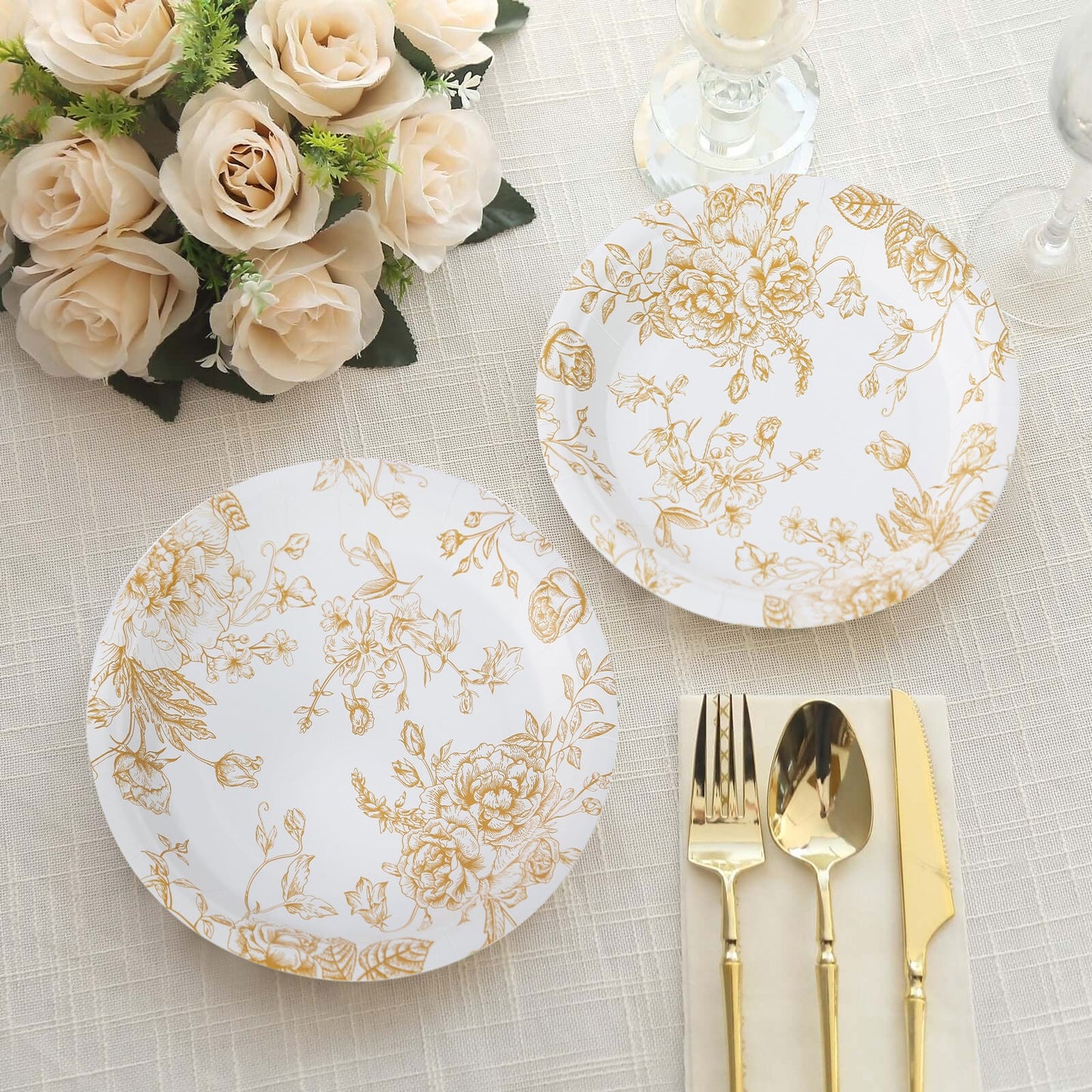 25-Pack Paper 7" Round Dessert Plates in White with Gold French Toile Pattern - Disposable Floral Salad Appetizer Plates for Chic Event Decor