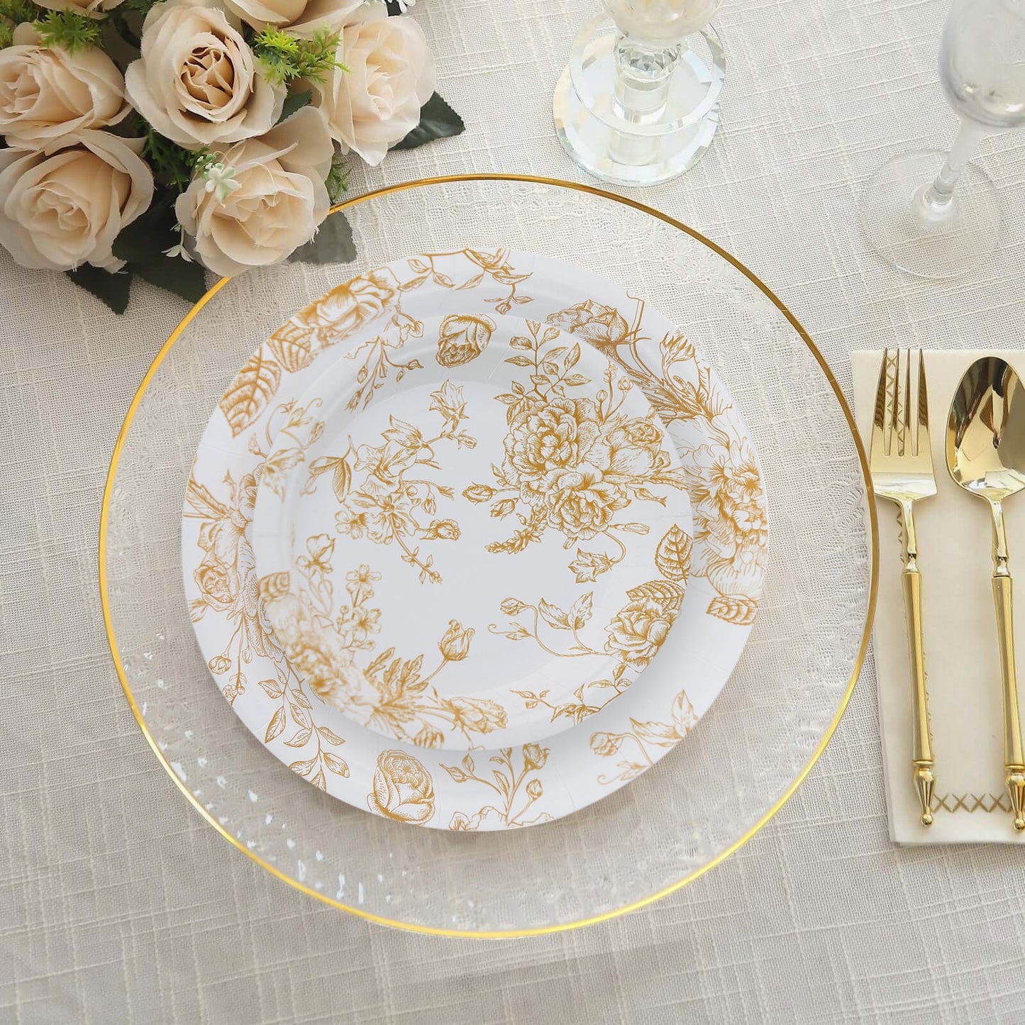 25-Pack Paper 7" Round Dessert Plates in White with Gold French Toile Pattern - Disposable Floral Salad Appetizer Plates for Chic Event Decor