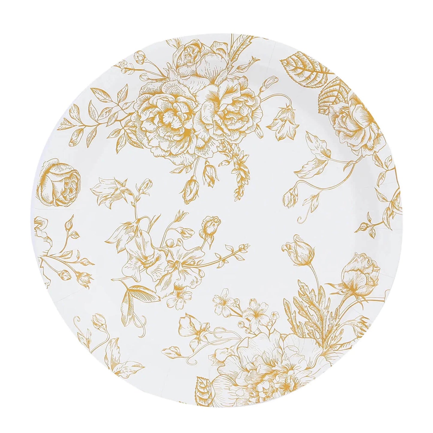 25-Pack Paper 9" Round Dinner Plates in White with Gold French Toile Pattern - Disposable Floral Party Plates for Stylish Events