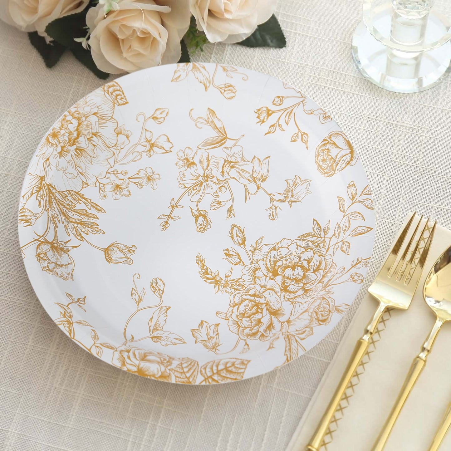 25-Pack Paper 9" Round Dinner Plates in White with Gold French Toile Pattern - Disposable Floral Party Plates for Stylish Events