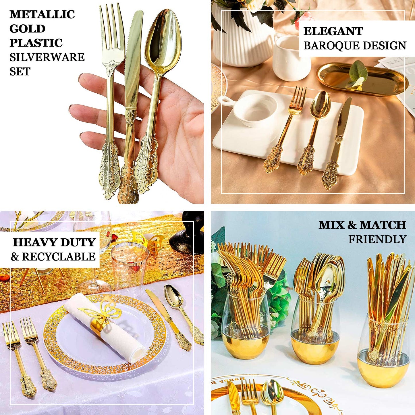 24 Pcs Plastic Silverware Set in Baroque Style Metallic Gold - Heavy Duty Disposable Knife, Fork, and Spoon Set