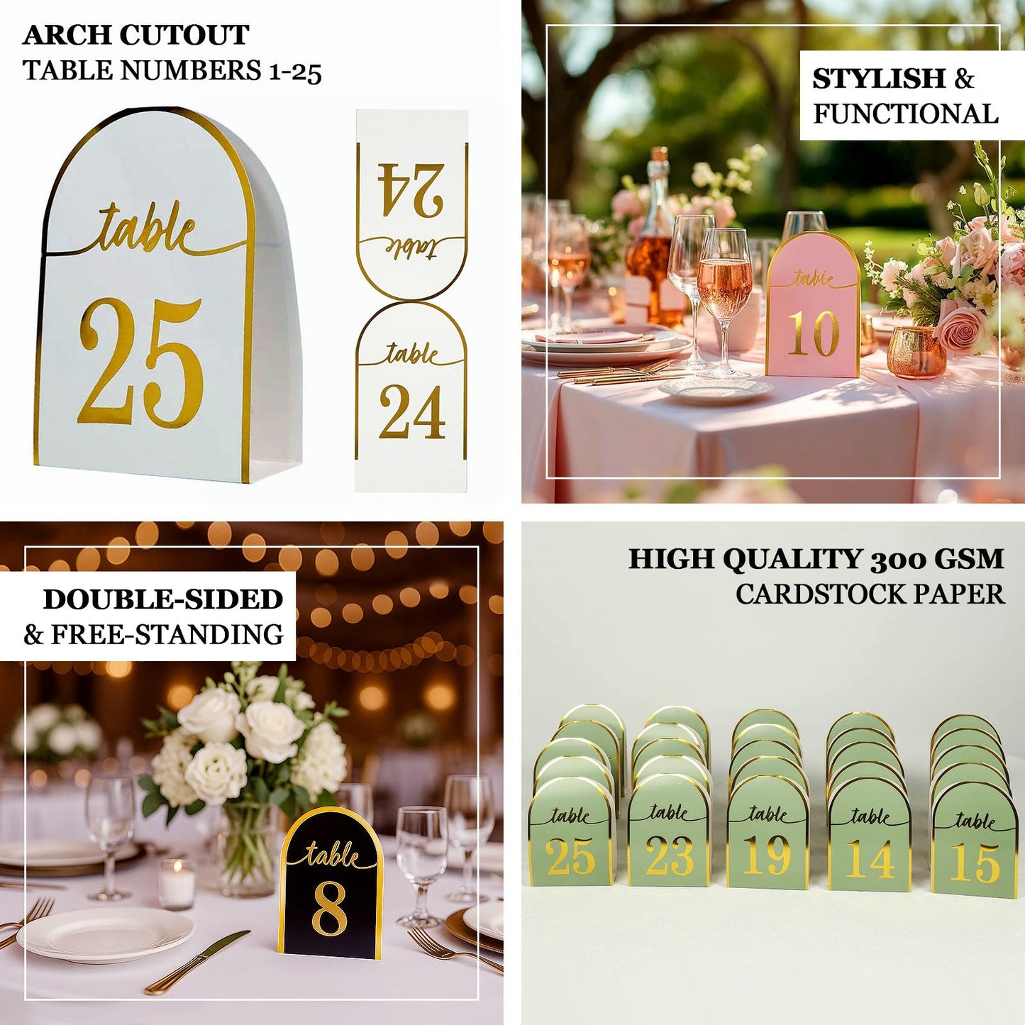 25-Pack 7" Disposable Table Numbers, White Free Standing Double Sided Table Number Place Cards with Metallic Gold Foil Numbers 1-25
