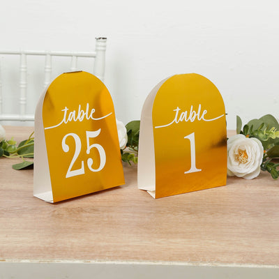 25-Pack 7" Disposable Table Numbers, Metallic Gold Free Standing Double Sided Table Number Place Cards with White Numbers 1-25