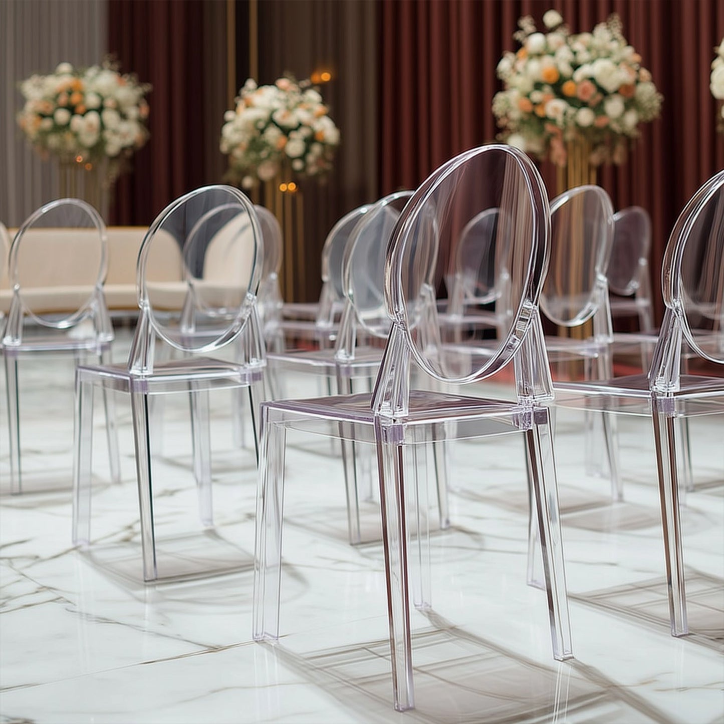 8-Pack Acrylic Ghost Chairs with Oval Back for Banquet Use Clear â€“ Sleek Transparent Armless Accent Chairs for Weddings & Gatherings