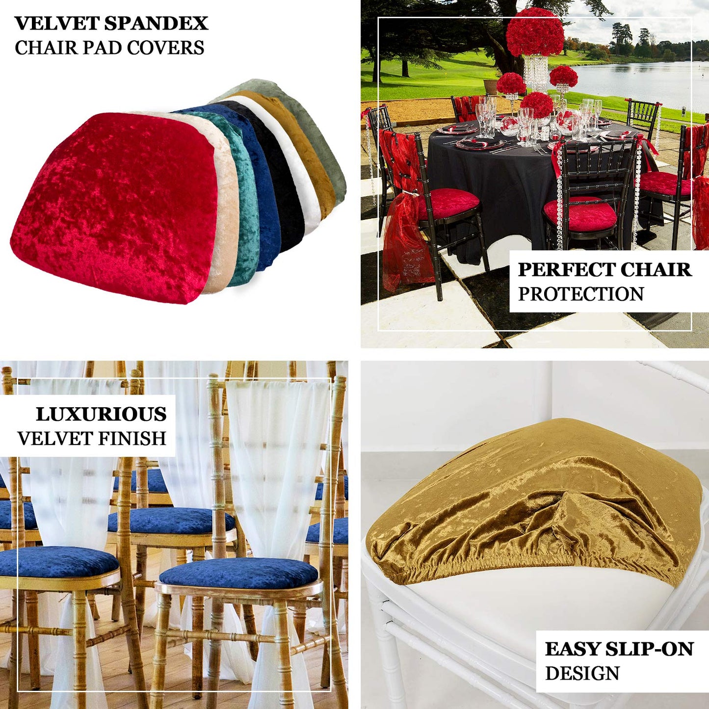 5 Pack Crushed Velvet Seat Pad Covers for Chiavari Chairs â€“ Navy Blue Fitted Dining Chair Cushion Slipcovers, Washable & Reusable