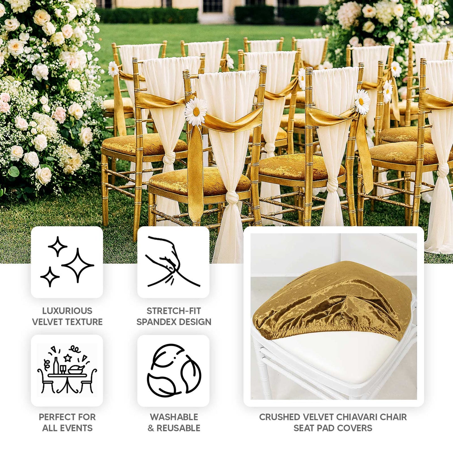 5 Pack Crushed Velvet Seat Pad Covers for Chiavari Chairs â€“ Gold Fitted Dining Chair Cushion Slipcovers, Washable & Reusable