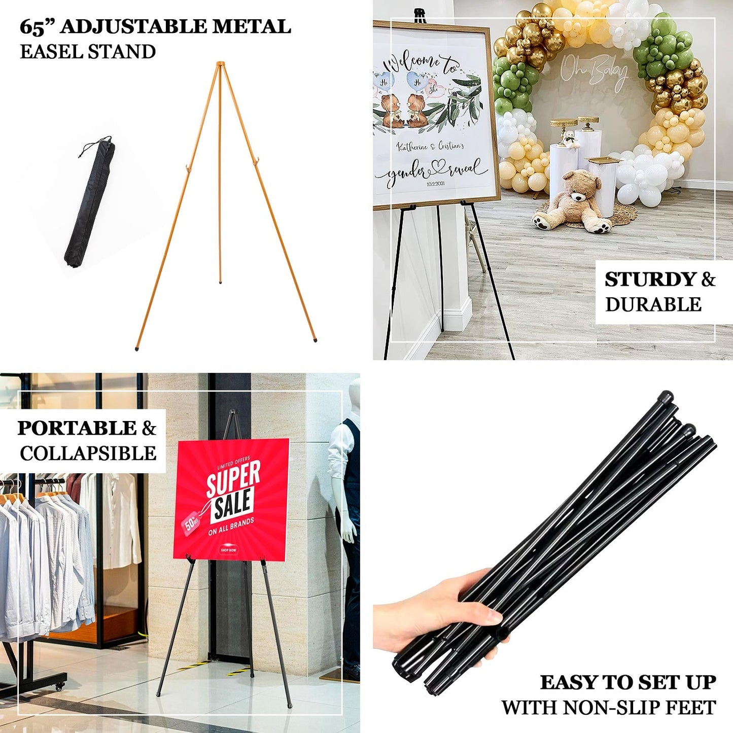 65" Heavy Duty Black Metal Easel Stand - Portable and Adjustable Tripod for Wedding Signs, Posters, and Art
