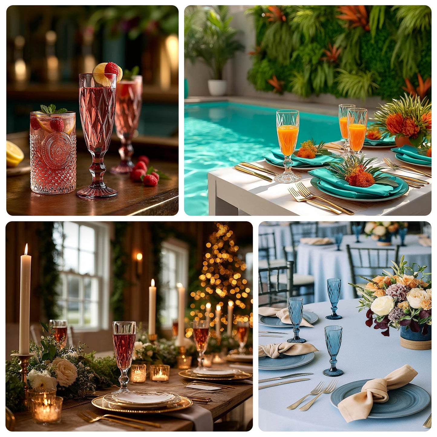 6-Pack Champagne Flute Glasses Transparent Dusty Rose Textured Crystal Cut Design - Chic Wine Goblets for Parties & Events 6oz 8"