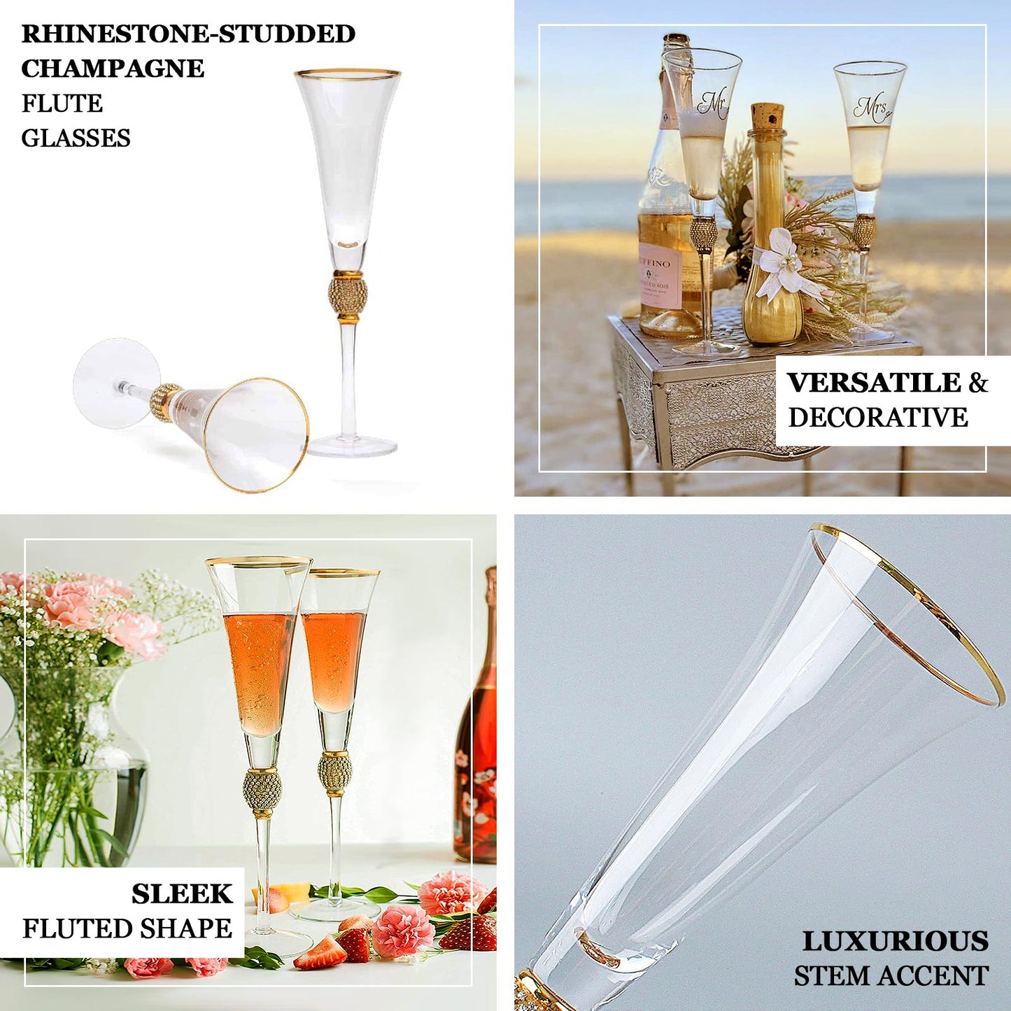 6-Pack Champagne Flute Glasses Clear Gold Rim Design with Studded Rhinestones - Long Stem Crystal Glassware for Wine & Events 6oz 11"